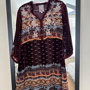 Johnny Was Burgundy Embroidered Velvet Dress
